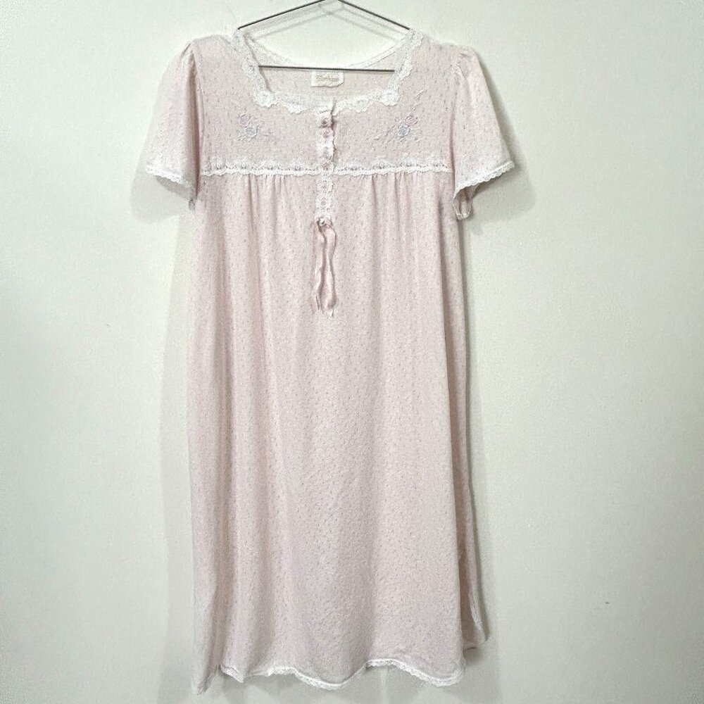 Vintage Barbizon Pink Lace Trim Knit Nightgown 38 Bust Short Sleeve Cotton Blend